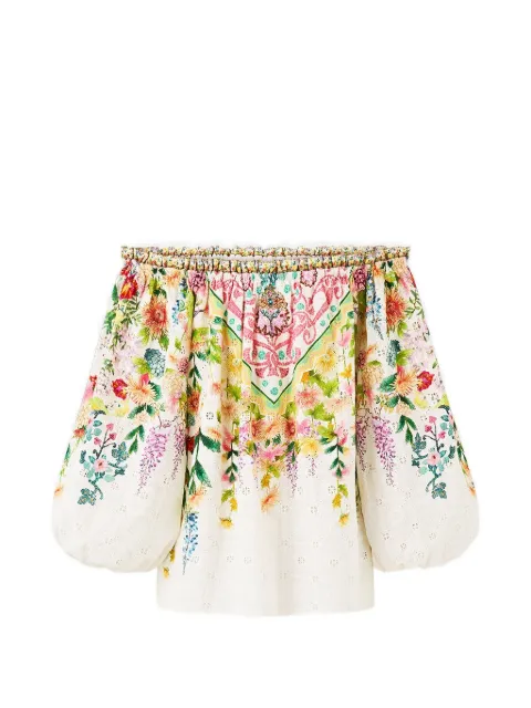 Camilla frill floral-print off-shoulder cotton top White 00040527CALLCATA