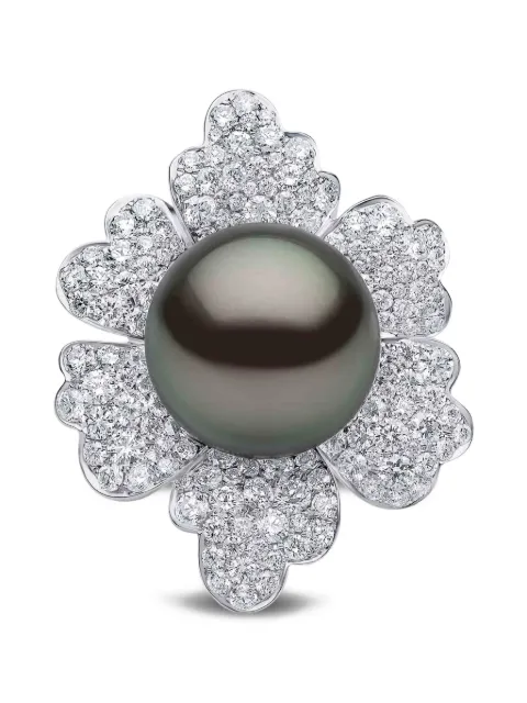 Yoko London Tahitian Pearl Diamond Flower Ring Silver DU1026R7T