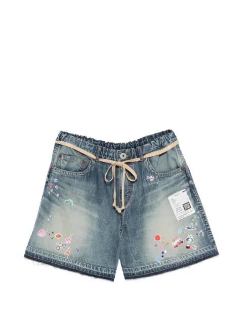 Maison MIHARA YASUHIRO sticker-print frayed denim shorts Blue K16PT341