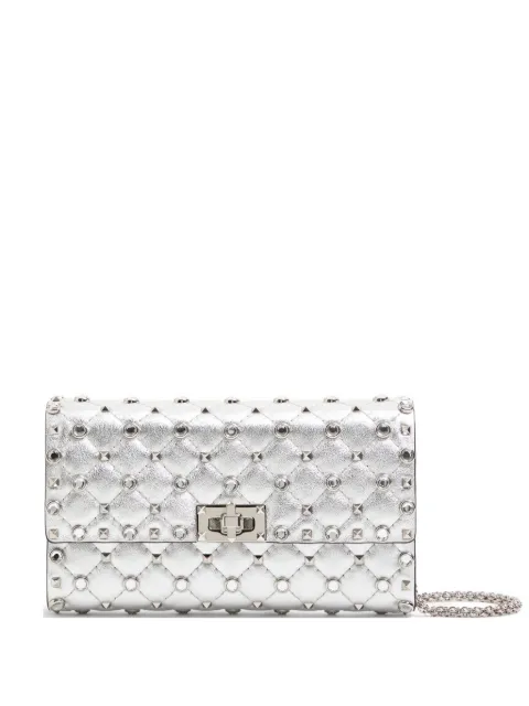Valentino Garavani Rockstud spike shoulder bag in laminated nappa leather with cabochon stones Silver WB0137EDU
