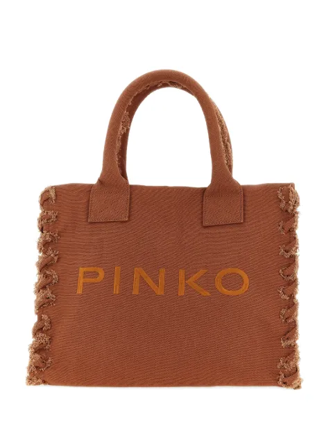 PINKO medium beach shopping tote in canvas with logo and fraying Brown 106673A3A4