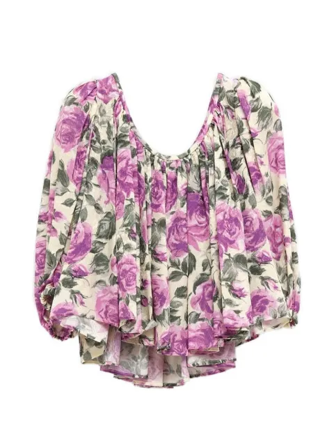Chloé floral-print puff-sleeve cropped silk top Purple CH26UH102374
