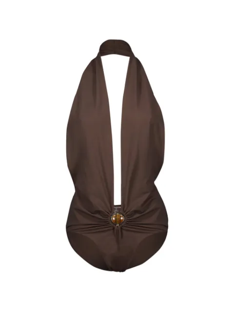 Christopher Esber Mineral Stone Ruched stone-embellished halte-rneck swimsuit Brown 25047369