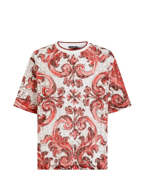 Dolce & Gabbana T-shirt in Majolica-print broderie anglaise lace Red G8TW2THH5FF