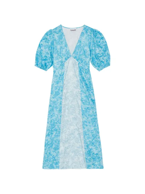 GANNI puff-sleeve V-neck midi dress Blue F8123