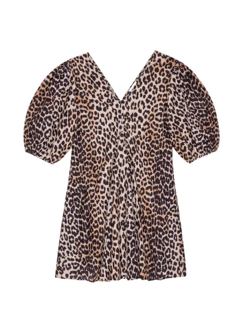 GANNI puffed-sleeves animal-print mini dress Neutrals F8991