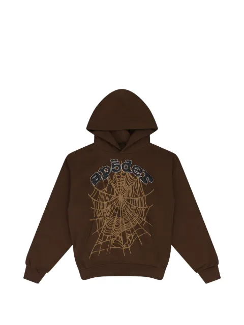 SP5DER rhinestone-embelished web-motif hoodie Brown SP5DER368