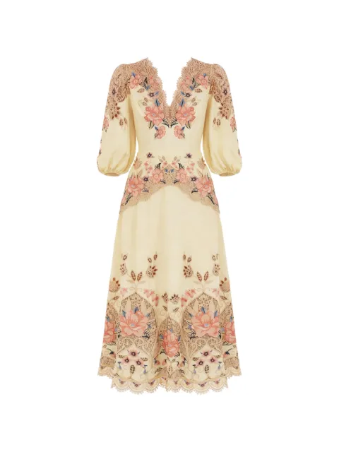 FARM Rio floral-embroidered midi linen dress Neutrals 348687