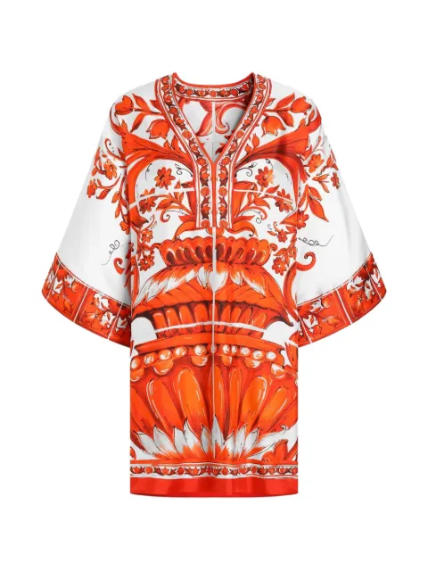 Dolce & Gabbana Majolica-print twill short kimono dress White F617NTGDDRE