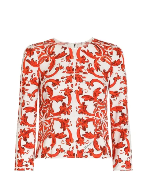 Dolce & Gabbana Majolica-print charmeuse fitted top White F7BM7TGDDRJ