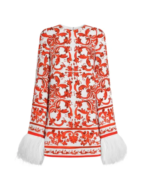 Dolce & Gabbana Majolica-print charmeuse dress with feather trim White F6ZW4ZGDDRJ