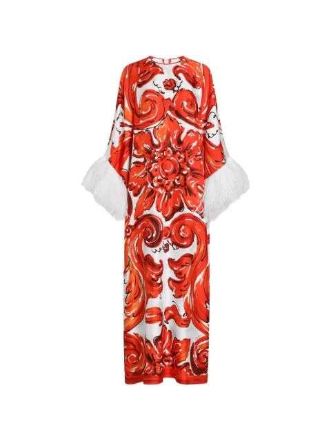 Dolce & Gabbana Majolica-print long kaftan dress with feather trim Red F615FZGDDRE