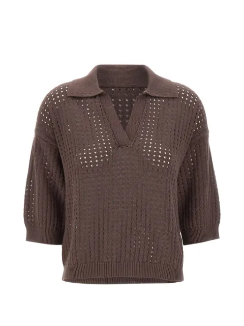 Kangra openwork V-neck T-shirt Brown 360426251
