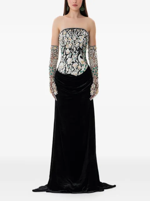 Dina Melwani crystal embroidered velvet maxi gown Black DMSS26170167