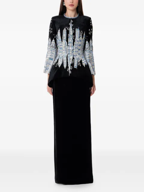 Dina Melwani crystal embroidered velvet maxi dress Black DMSS26170165
