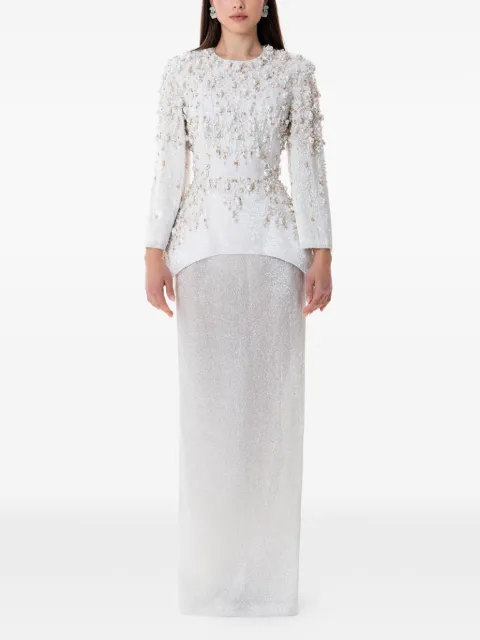 Dina Melwani crystal pearl embellished couture maxi dress White DMSS26170164