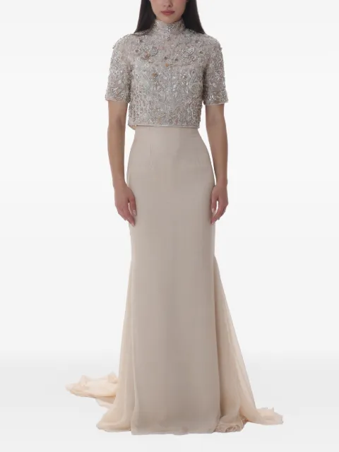 Dina Melwani crystal-embellished top and maxi skirt Neutrals DMSS26170170