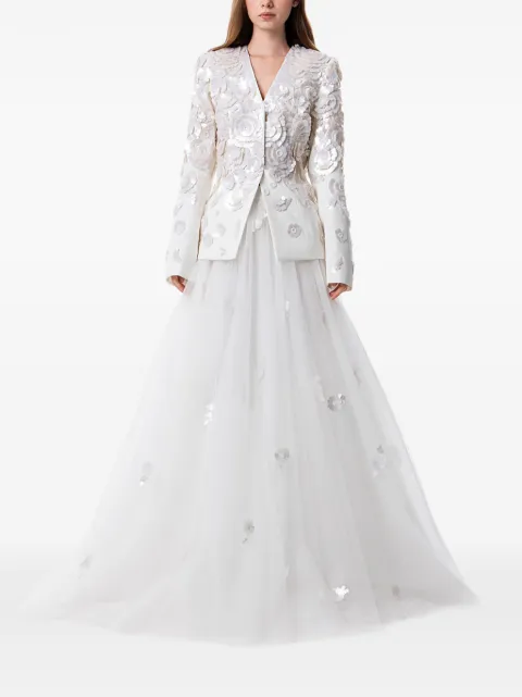 Dina Melwani floral sequin-embroidered jacket-silhouette maxi gown White DMSS26170