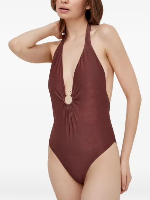 GUESS USA ring-detail halterneck swimsuit Brown E4GJ19KC632