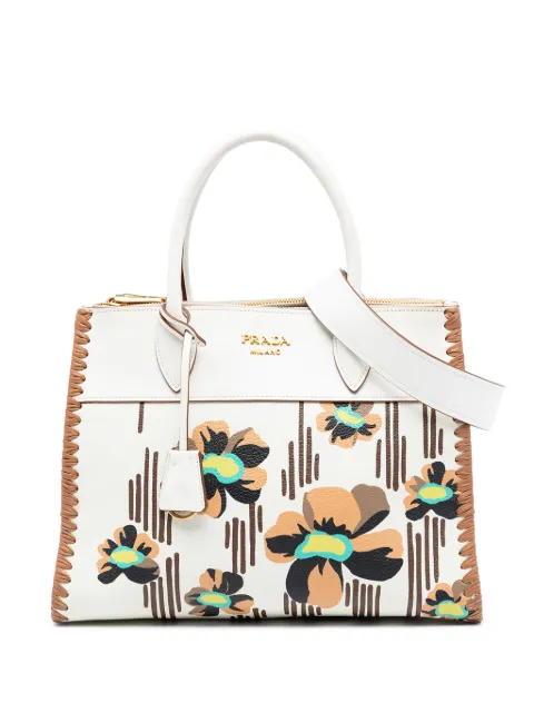 Prada Pre-Owned 2010-2026 City Calf Trimmed Madras Floral Print Paradigme Whipstitch satchel White Y19KT1139J4MC0OB