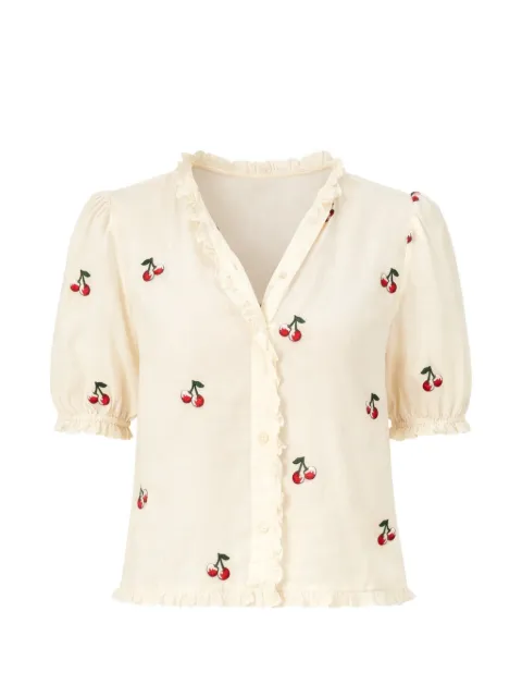 TWINSET cropped ramie shirt with cherry embroidery Neutrals 261TT2420