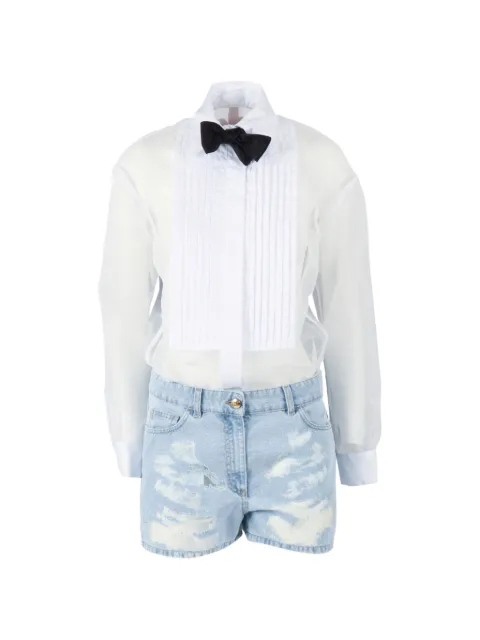 Elisabetta Franchi denim and organza romper suit with bow tie White TJ49N62E2