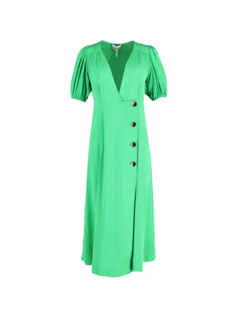 GANNI puffed-sleeve V-neck midi dress Green TONPUGBCL281731W