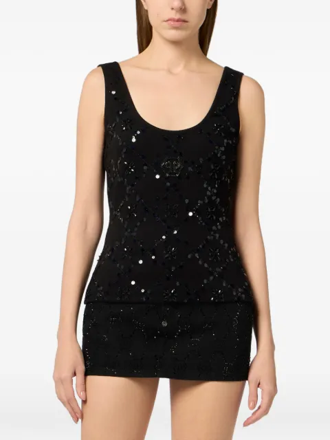Philipp Plein rhombus flower strass tank top Black PAFCWTK3877PJY002N