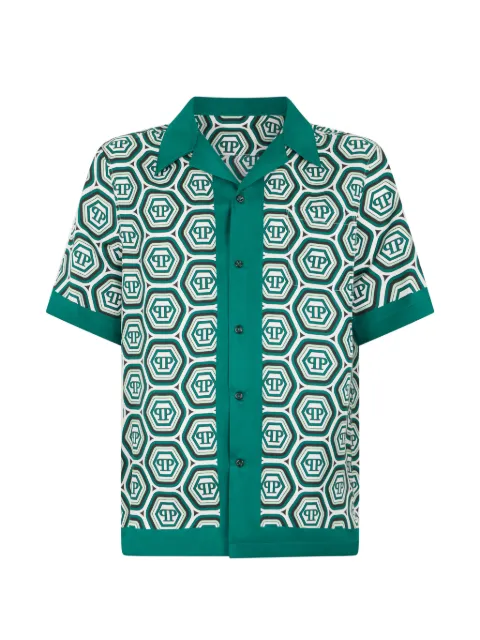 Philipp Plein silk bowling shirt monogram 70's Green PAFCMRP2569PTE104N