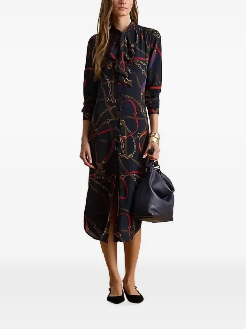 Lauren Ralph Lauren chain print tie neck midi dress Blue 200P03552001