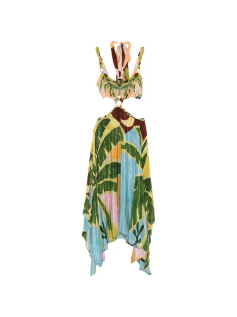 FARM Rio tropical-print asymmetric midi dress Green 349023