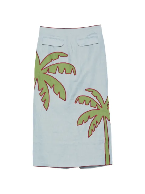 FARM Rio embroidered palm-tree midi skirt Blue 349074