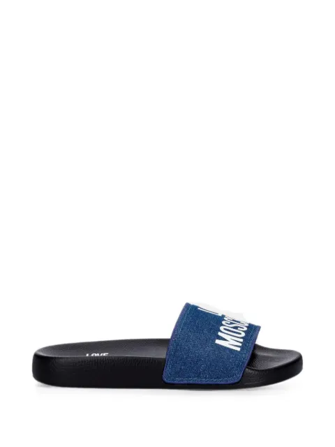Love Moschino logo-print denim slides Blue JA28192G1OI19