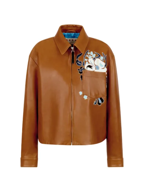 Marni leather overshirt with flower intarsia Brown CAMX0687SUULA767