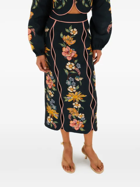 FARM Rio floral-embroidered midi skirt Blue 348838