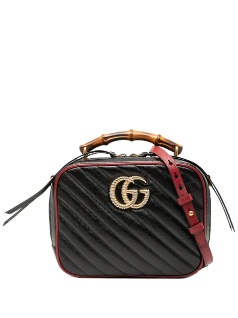 Gucci Pre-Owned 2016-2025 Small GG Marmont Matelasse Diagonal Leather Torchon Bamboo satchel Black HT5PW6FO6DXWOHX2