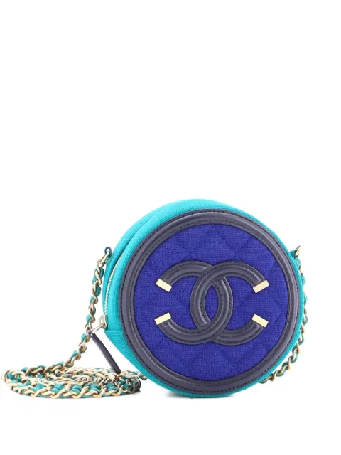 CHANEL Pre-Owned Filigree Round Clutch with Chain Quilted Jersey with Lambskin Mini crossbody bag Blue JPD0WS31V26KPLZ7