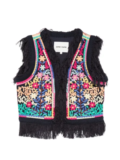 Antik Batik Rainbow floral-embroidered fringe vest Black RAINBOW1GIL