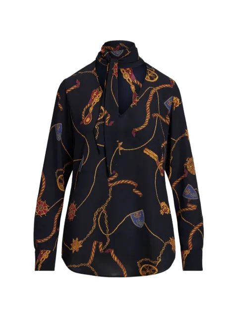 Lauren Ralph Lauren chain-print tie-neck blouse Blue 200957153001