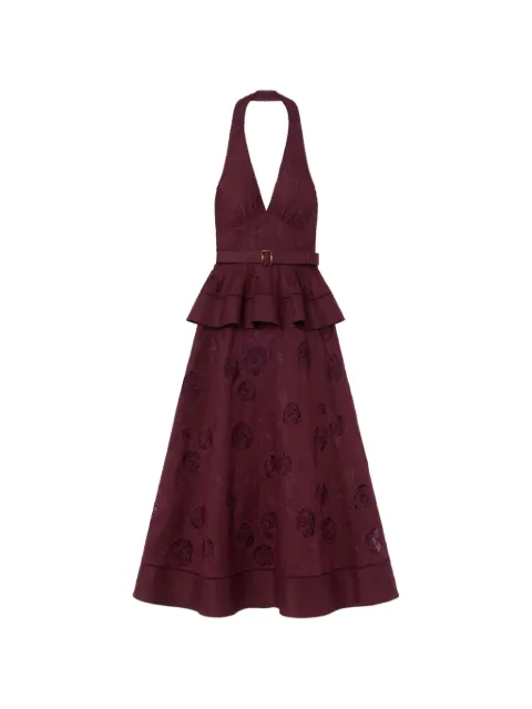 Self-Portrait plum linen-blend peplum midi dress Red PF26103MBU