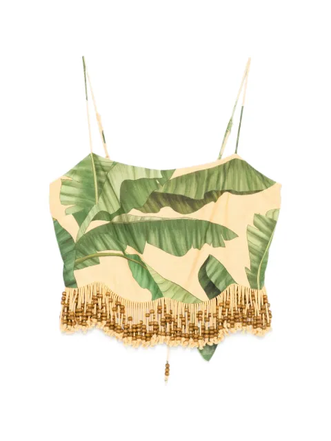 FARM Rio beaded-fringe leaf-print top Yellow 355366