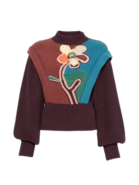 ALEMAIS floral-intarsia balloon-sleeve sweater Purple 7546K