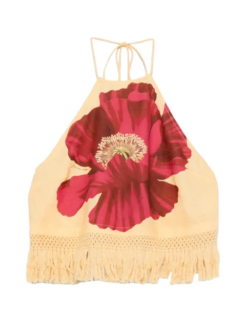FARM Rio poppy-print fringe-trim top Yellow 260409