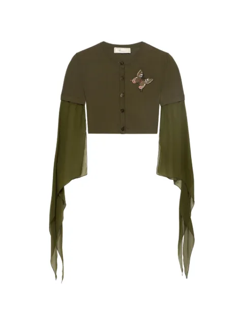 Blumarine butterfly-appliqué long-sleeve crop top Green P644M203A