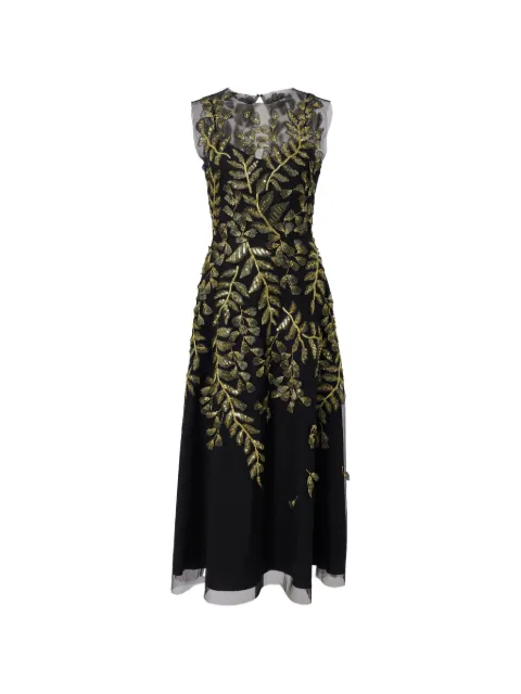 Carolina Herrera gold leaf-embroidered tulle midi dress Black C2611E516NTU