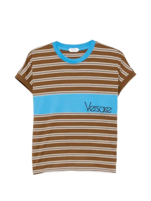 Versace embroidered-logo striped-intarsia cotton T-shirt Brown 10255111A18439