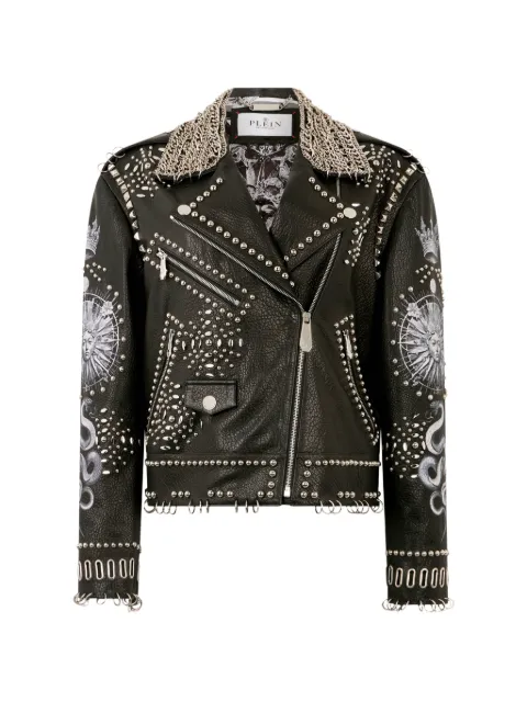 Philipp Plein oversized biker jacket studs Butterfly Tattoo Black SAFCWLB1197PLE010N
