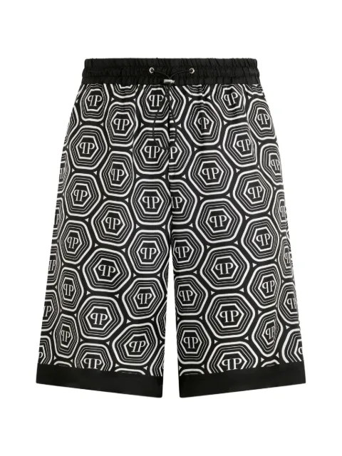 Philipp Plein silk drawstring shorts monogram 70's Black PAFCMRT1668PTE104N