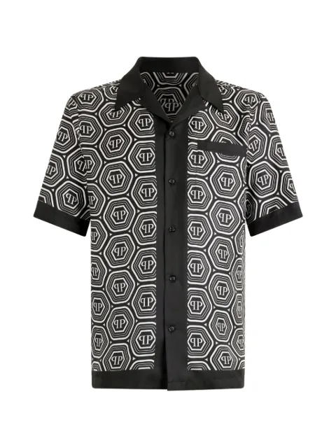 Philipp Plein silk bowling shirt monogram 70's Black PAFCMRP2569PTE104N