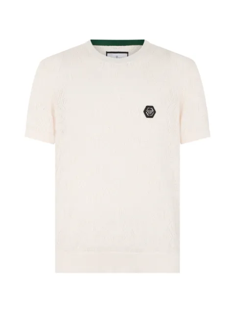 Philipp Plein round neck T-shirt openwork monogram Neutrals PAFCMKK0325PTE004N